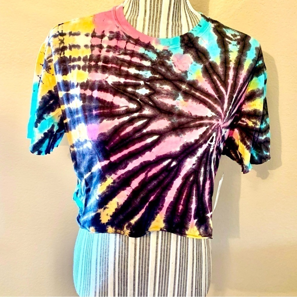 NWT Abound Crop Top Small Tie Dye Cotton Modal Black Teal Pink Yellow Stretch